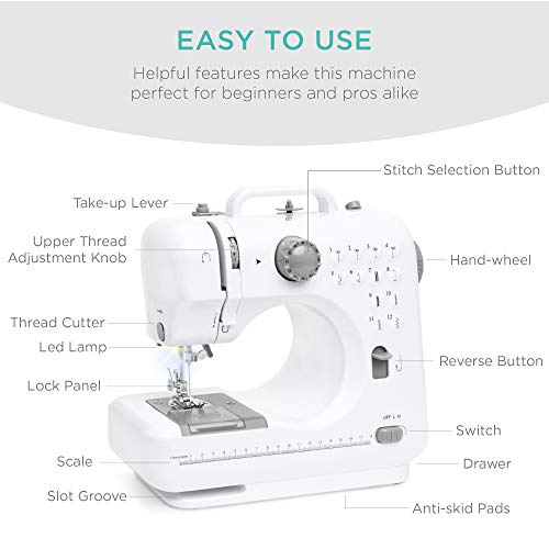 Best Choice Products Compact Sewing Machine, 42-Piece Beginners Kit, Multifunctional Portable 6V for Beginner w/ 12 Stitch Patterns, Light, Foot Pedal, Storage Drawer - Gray/White
