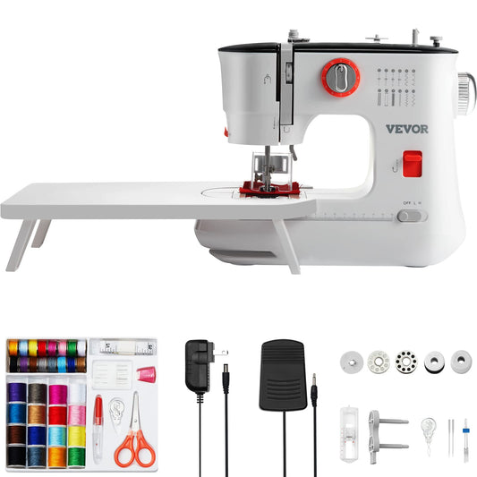 VEVOR Sewing Machine, Portable Sewing Machine for Beginners with 12 Built-in Stitches & Reverse Sewing, Dual Speed Kids Sewing Machine with Extension Table Foot Pedal, Accessory Kit Family Home Travel