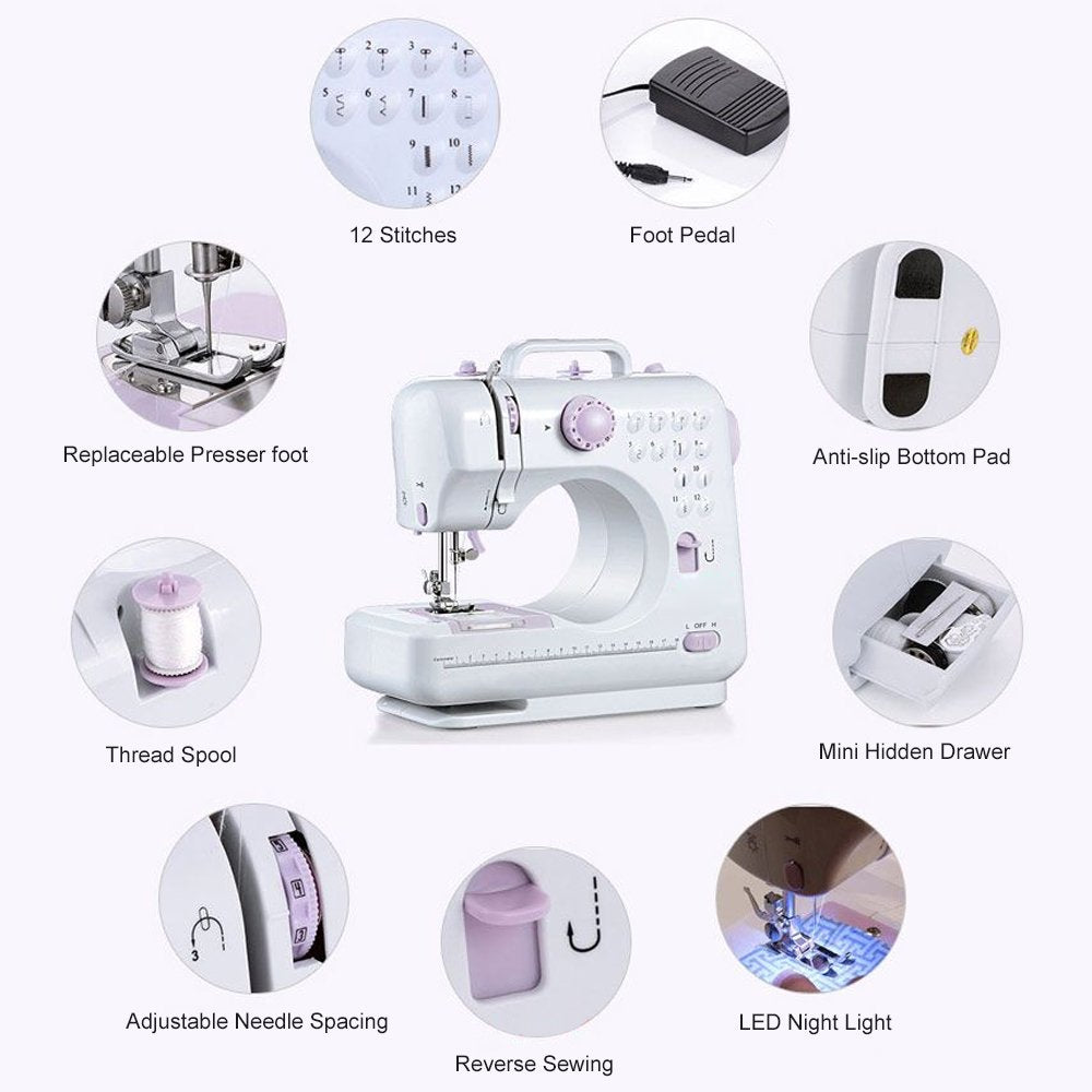 Fanghua Multifunction Mini Sewing Machine 505A 12 Built-in Stitches, 2 Speeds Double Thread, Foot Pedal Best for Beginner,Shipping from US