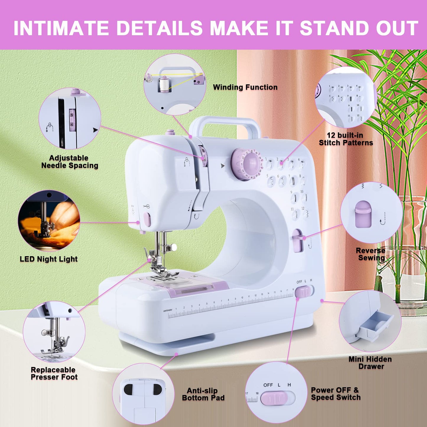 JUCVNB Mini Sewing Machine for Beginners and Kids Ages 8-12, Portable Sewing Machines with 12 Built-in Stitch Patterns, Light, 2 Speed Foot Pedal - Purple & White (with 27 Pieces Accessory Kit & Case)