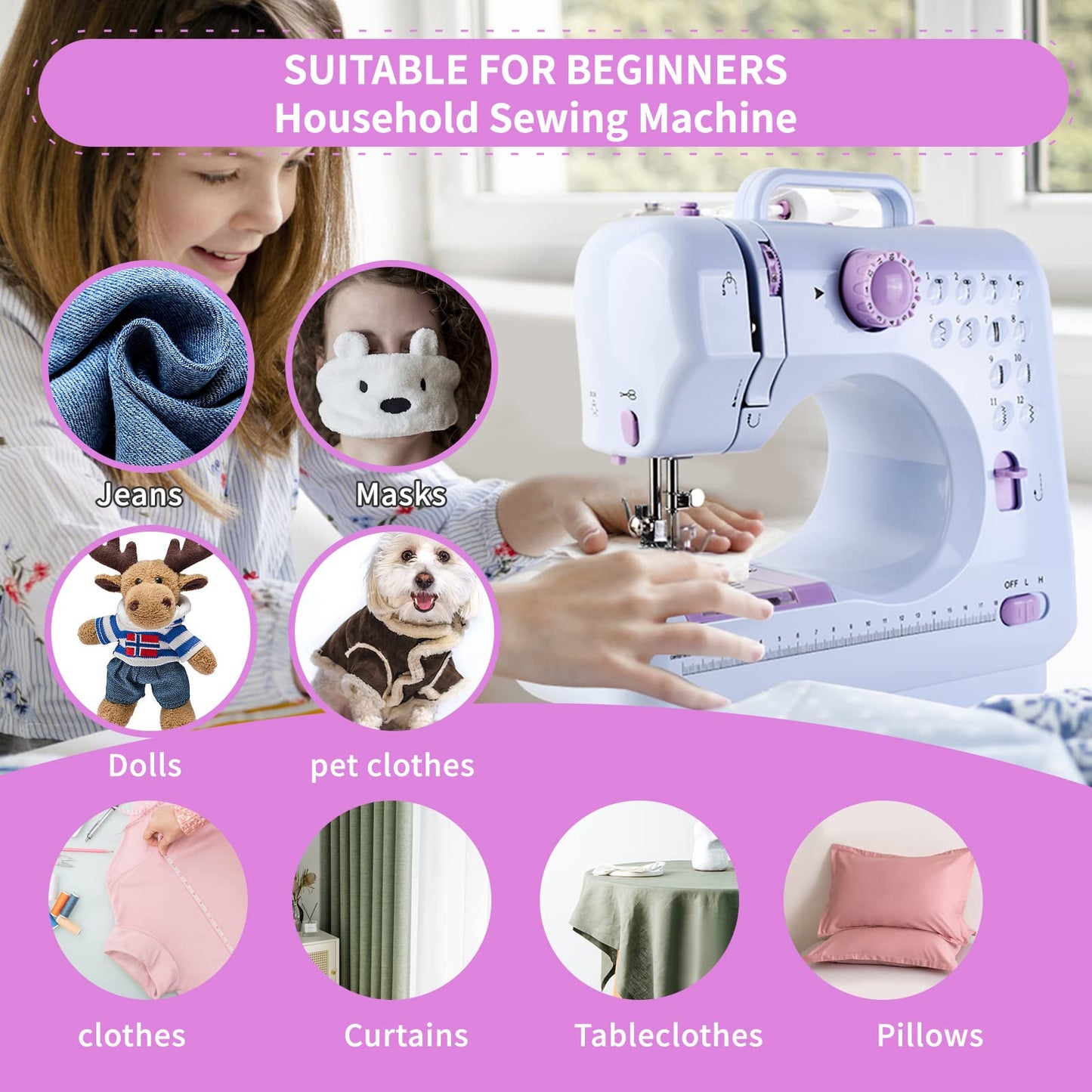 HJWTCQL Mini Sewing Machine for Beginners,Kids Small Sewing Machines 12 Built-in Stitches with Reverse Sewing,Portable Sewing Machines with 27pc Accessory Kit Included 2 Speed Double Thread Foot Pedal