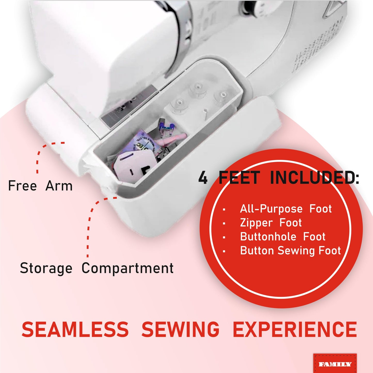 FAMILY Hobby Line 24| Household Sewing Machine with Accessory Kit, Foot Pedal (Silk White)