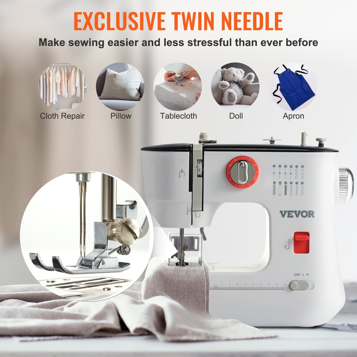 VEVOR Sewing Machine, Portable Sewing Machine for Beginners with 12 Built-in Stitches & Reverse Sewing, Dual Speed Kids Sewing Machine with Extension Table Foot Pedal, Accessory Kit Family Home Travel