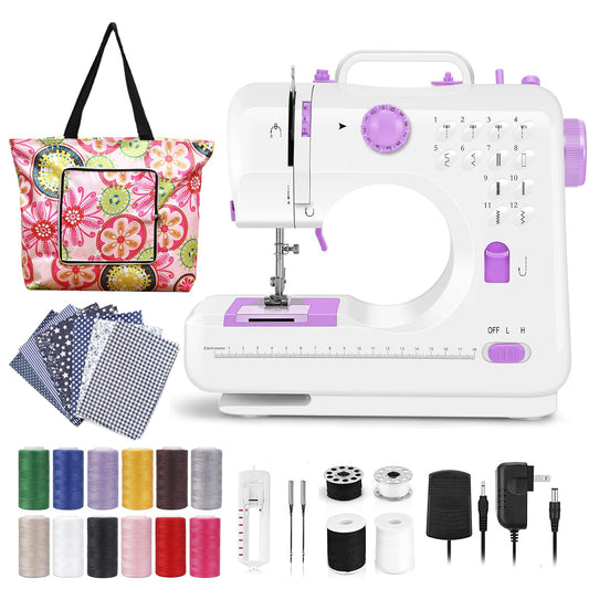 Dechow Sewing Machine for Beginners, Electric Mini Portable, 12 Built-in Stitches with Reverse Sewing, 2 Speeds Double Thread with Foot Pedal, Storage Bag, Cotton Fabric and Threads(Premium Set)