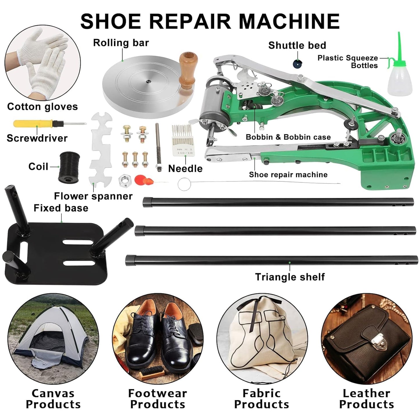 FAHKNS Leather Sewing Machine Handheld Shoe Repair Heavy Duty Metal Manual Cobbler Stitching Mending with Dual Cotton Nylon Line Canvas for Bags Tents Clothes Quilts Coats Trousers Belt DIY