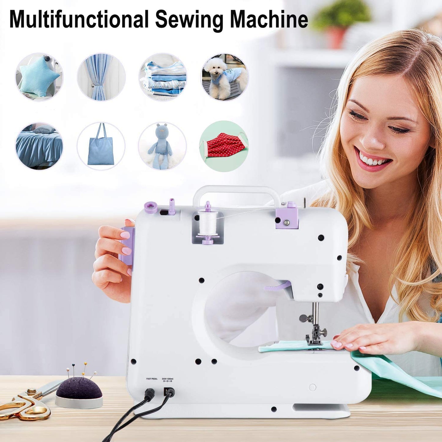 Dechow Sewing Machine for Beginners, Electric Mini Portable, 12 Built-in Stitches with Reverse Sewing, 2 Speeds Double Thread with Foot Pedal, Storage Bag, Cotton Fabric and Threads(Premium Set)
