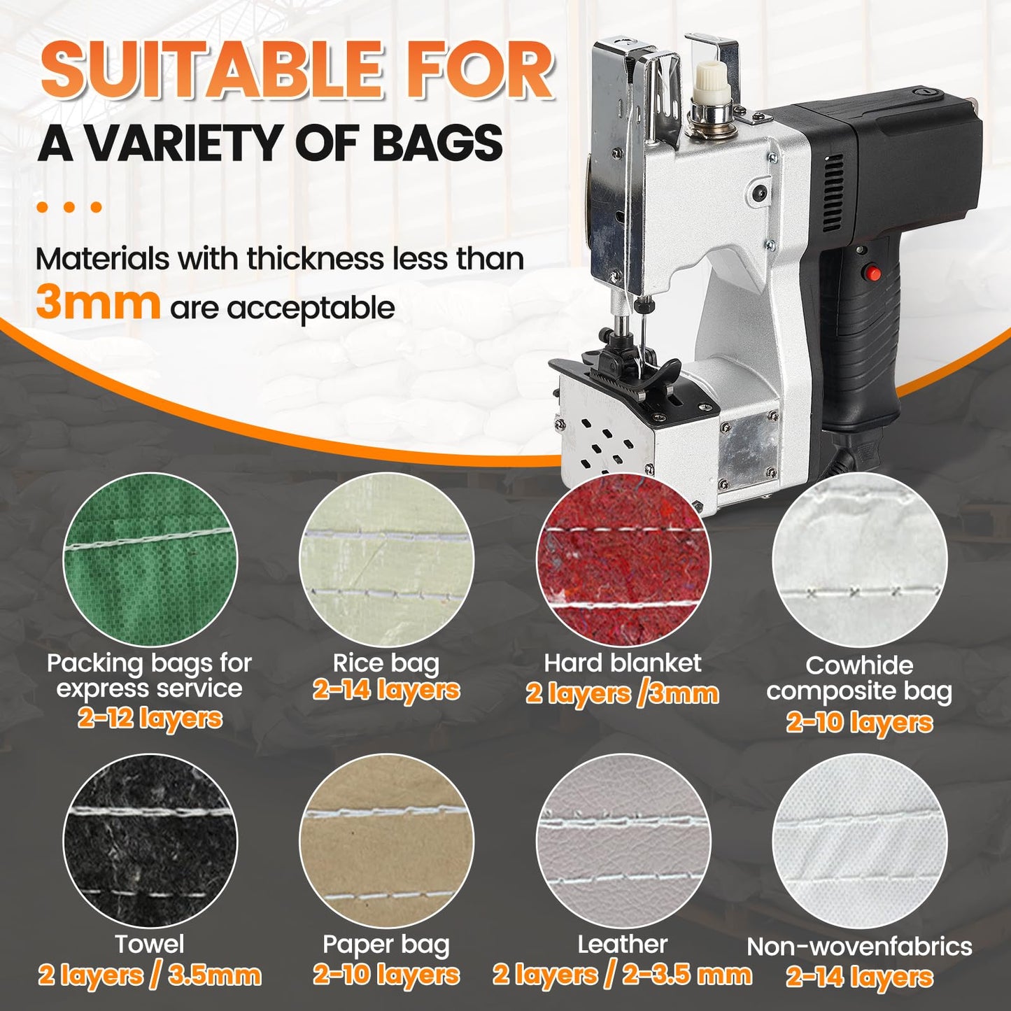 BESGEER Bag Sewing Machine 2s/bag, Portable Sack Sewing Machine with CE, Bag Closer Sewing Machine for Burlap PP Woven Kraft Paper Bag Sealing Bag Sewer（(110v US Plug)）