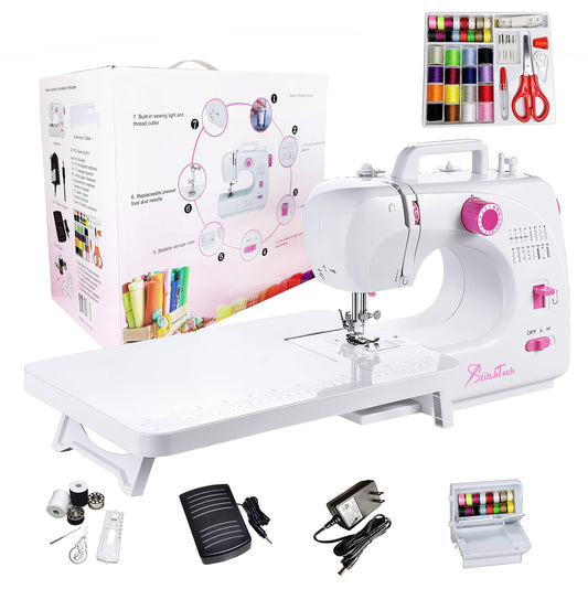 StitchTech Portable Multi-function Home Sewing Machine 16 Built-in Stitches Dual Spread Control Reverse Sewing with LED Light Comes with an Extension Table and 42 PCs Sewing Kit